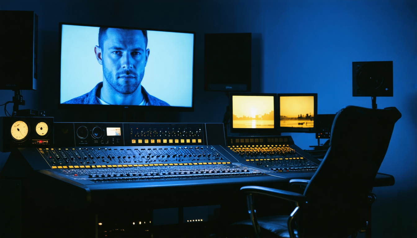 A dim editing suite bathed in blue monitor light, a colour-grading console with rows of dials, a broadcast image of a man's face faintly warm and yellowed on the screen.