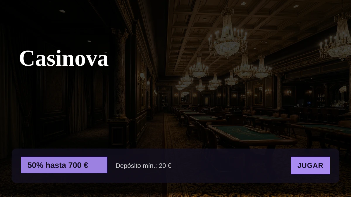Casinova — bono de bienvenida 50% hasta 700 € + 50 FS, pagos: Visa, Mastercard, Skrill, Neteller, Paysafecard