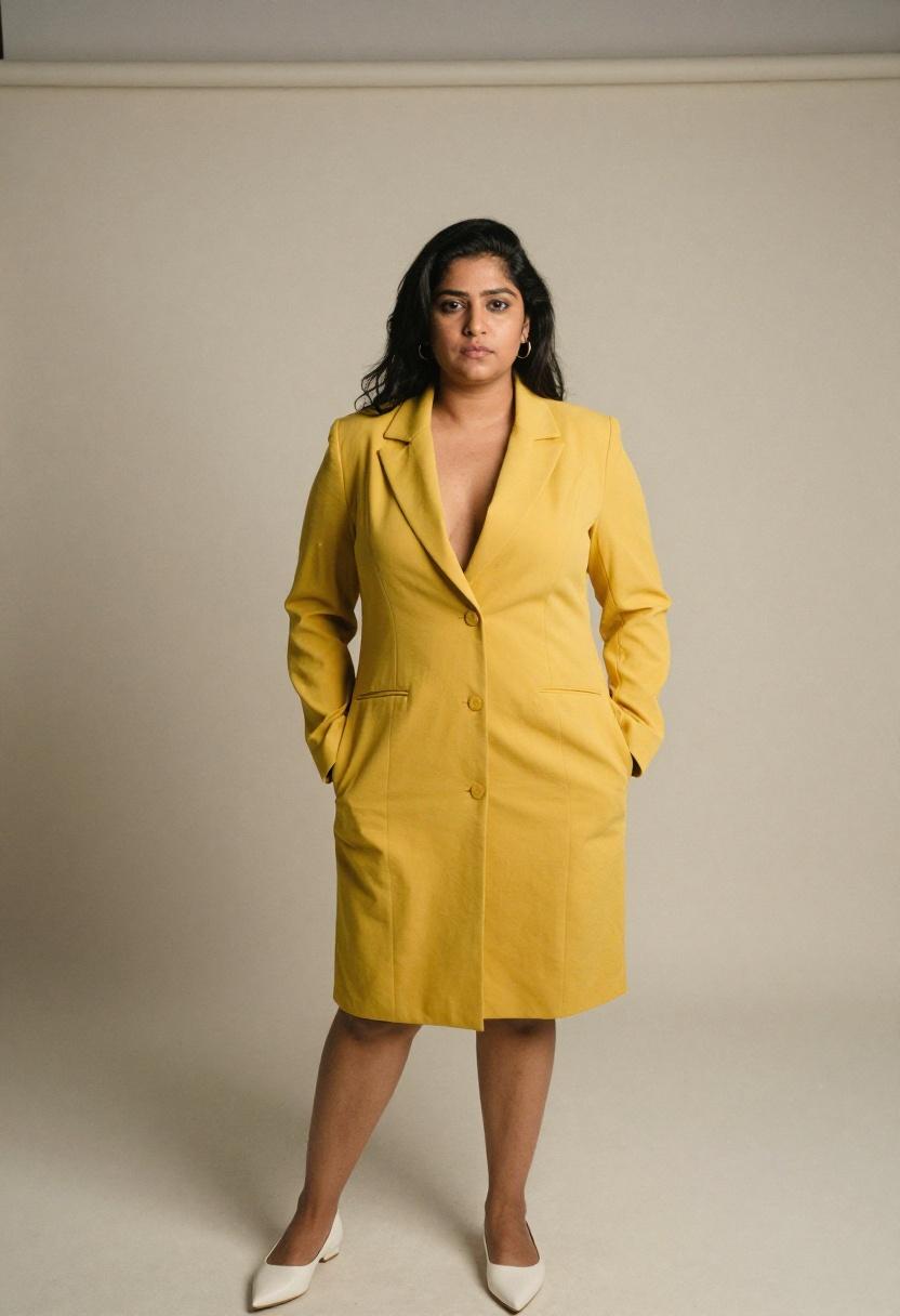 Mustard yellow plus size blazer dress with clean lapels and white flats in minimalist studio