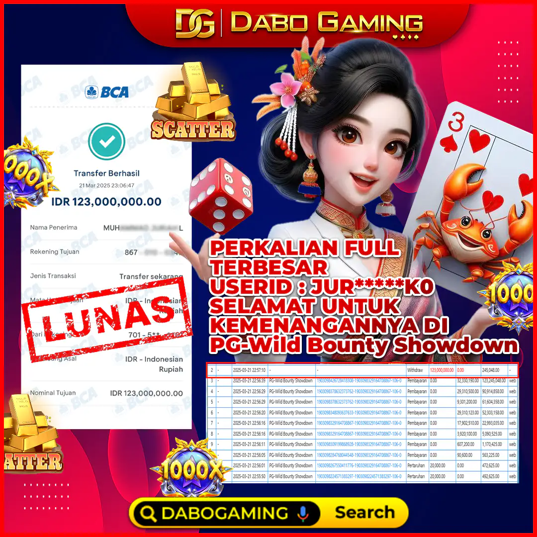 Selamat untuk User ID: JUR***KO yang berhasil menang Rp 123.000.000 di PG - Wild Bounty Showdown 🎯 Withdraw sudah LUNAS, bukti nyata menang di Dabo Gaming! 💸 Main sekarang, giliran kamu berikutnya! 🔥