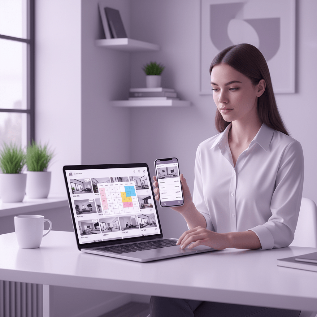 photorealistic, high detail, no text, dominant color #E5DBFD, host comparing similar Airbnb listings on a laptop and phone, pricing calendar and listing thumbnails implied, bright modern workspace, 16:9