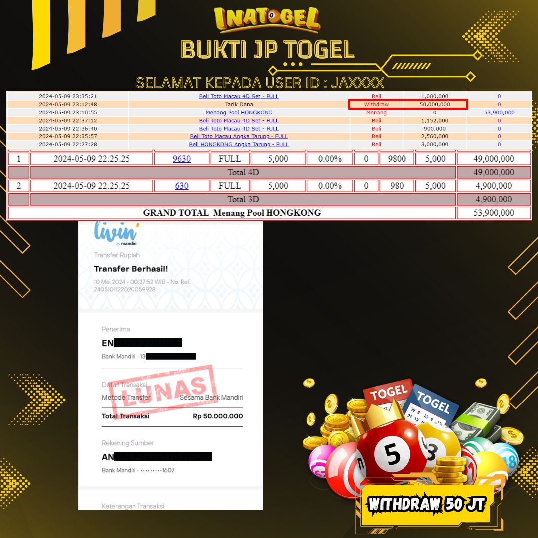 BUKTI PEMBAYARAN JP TOGEL HONGKONG Rp50,000,000,- LUNAS