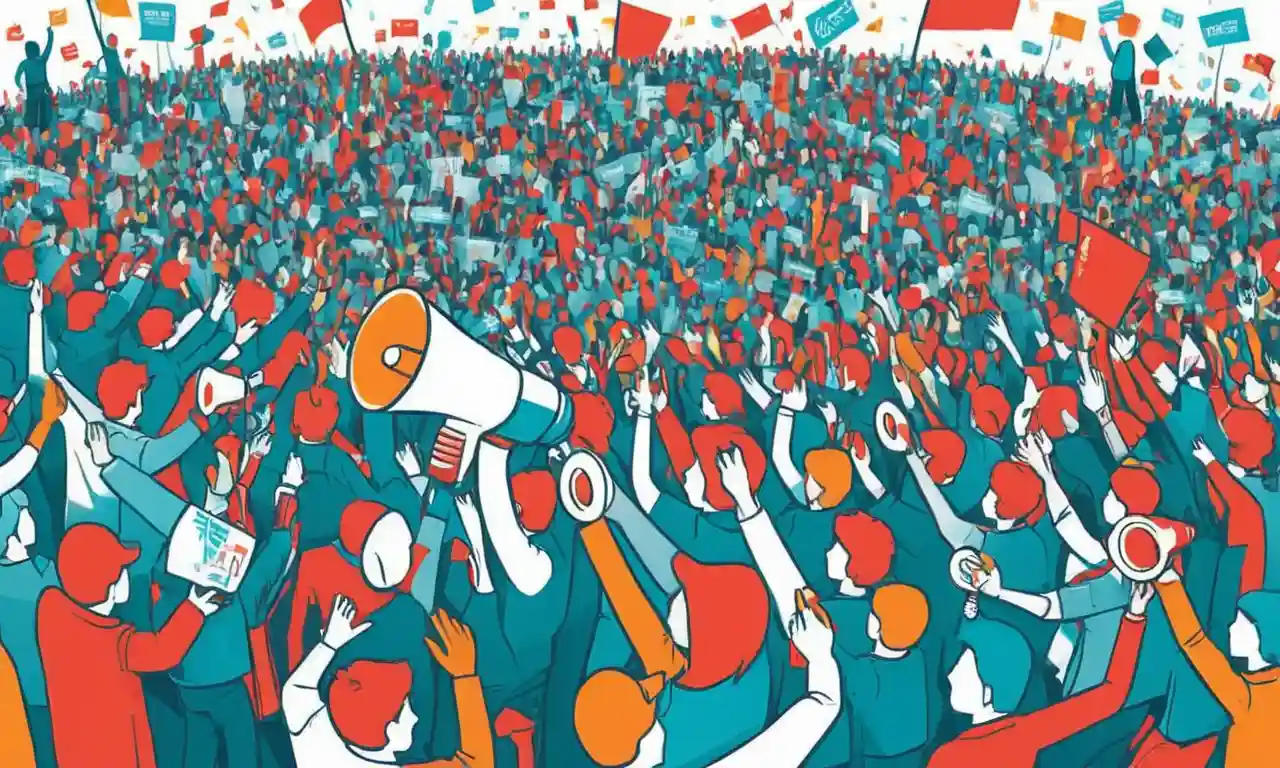 Una persona que sostiene un megáfono entre una multitud que protesta, rodeada de símbolos de economía solidaria y activismo social.
