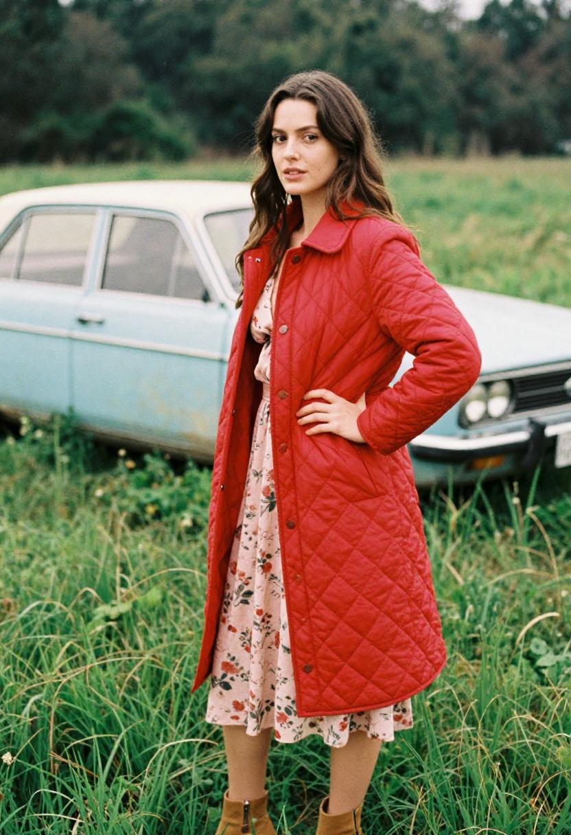 Cherry red longline quilted jacket over blush floral skirt in an open field for a romantic spring look