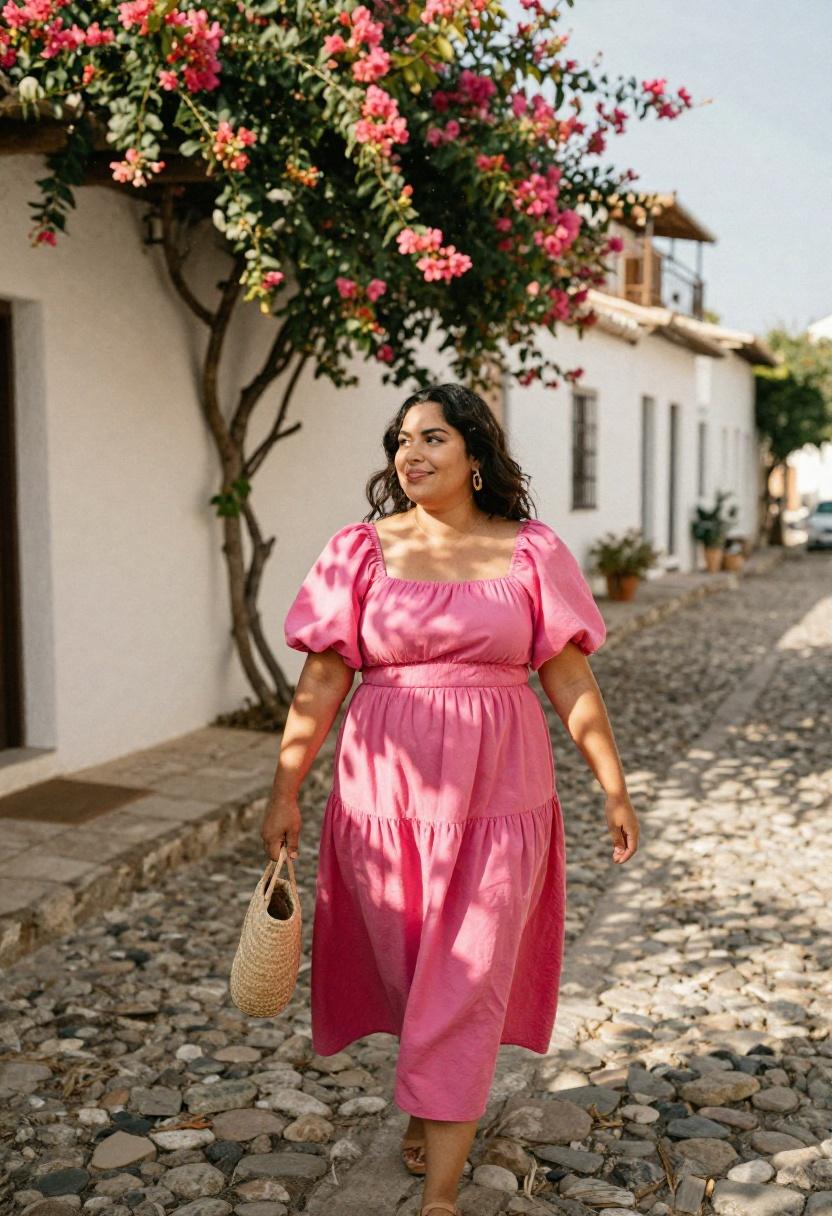 Plus size woman in fuchsia pink puff sleeve sundress twirling through a sunlit cobblestone village