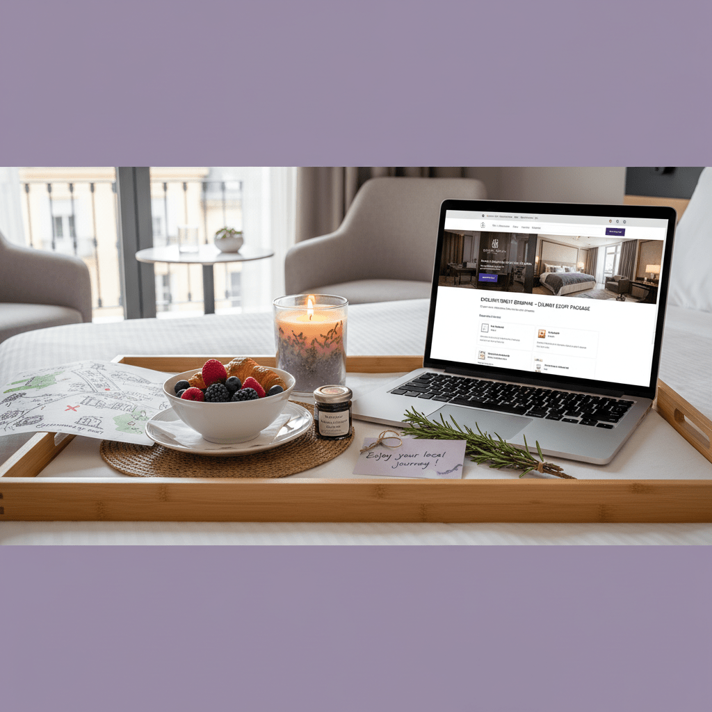 Curated hotel package with local culinary and relaxation elements on a stylish counter
