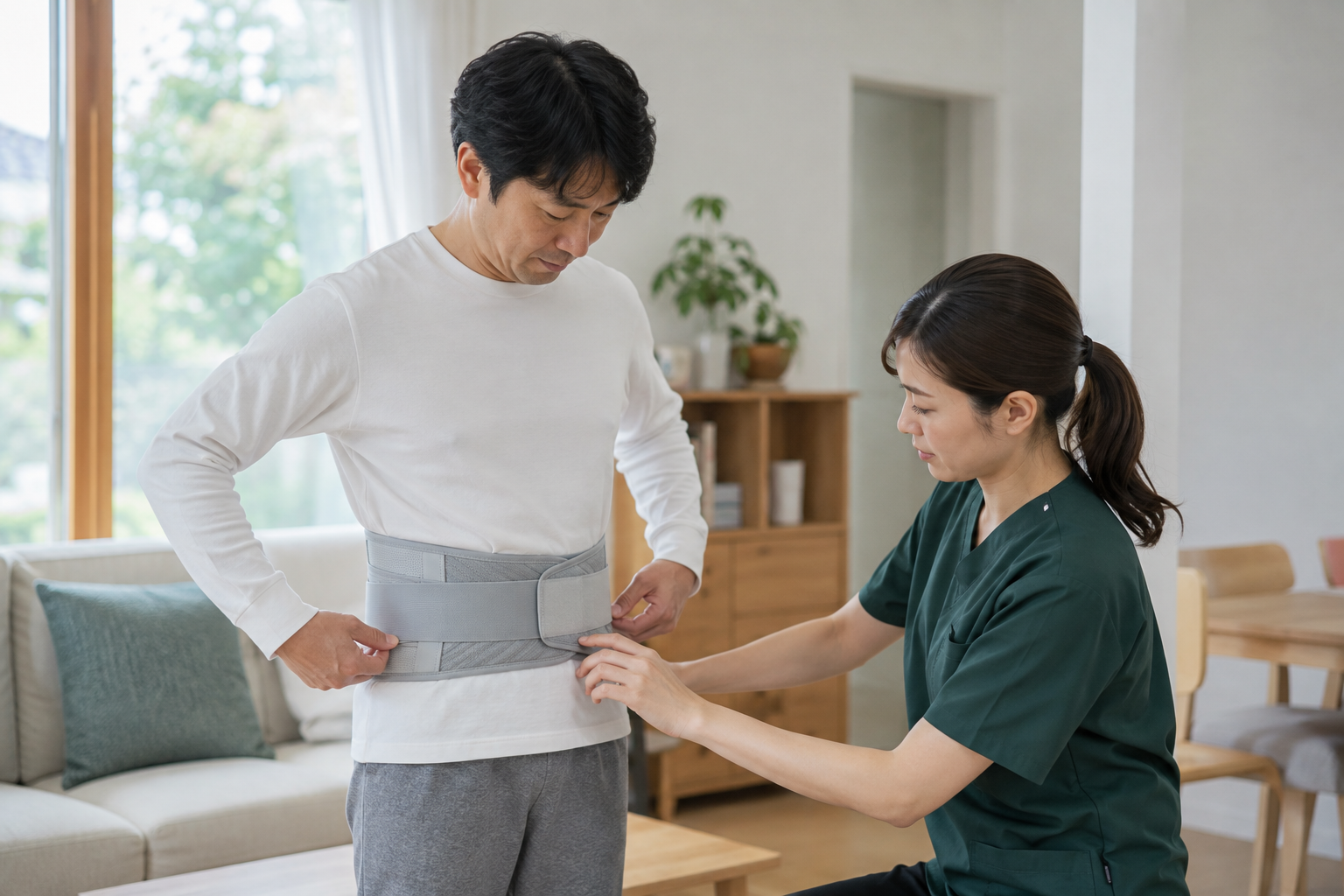 腰部装具のフィットを専門職と確認する場面