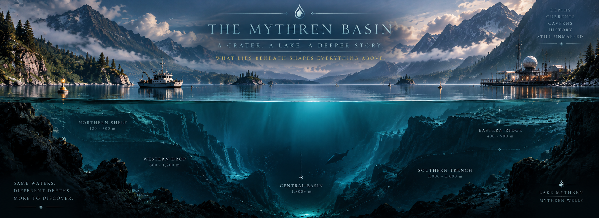 A cross-sectional view of the deep crater basin beneath Lake Mythren.