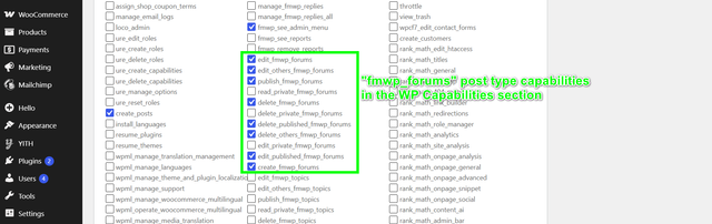 example fmwp forums post type capabilities in the WP Capabilities section