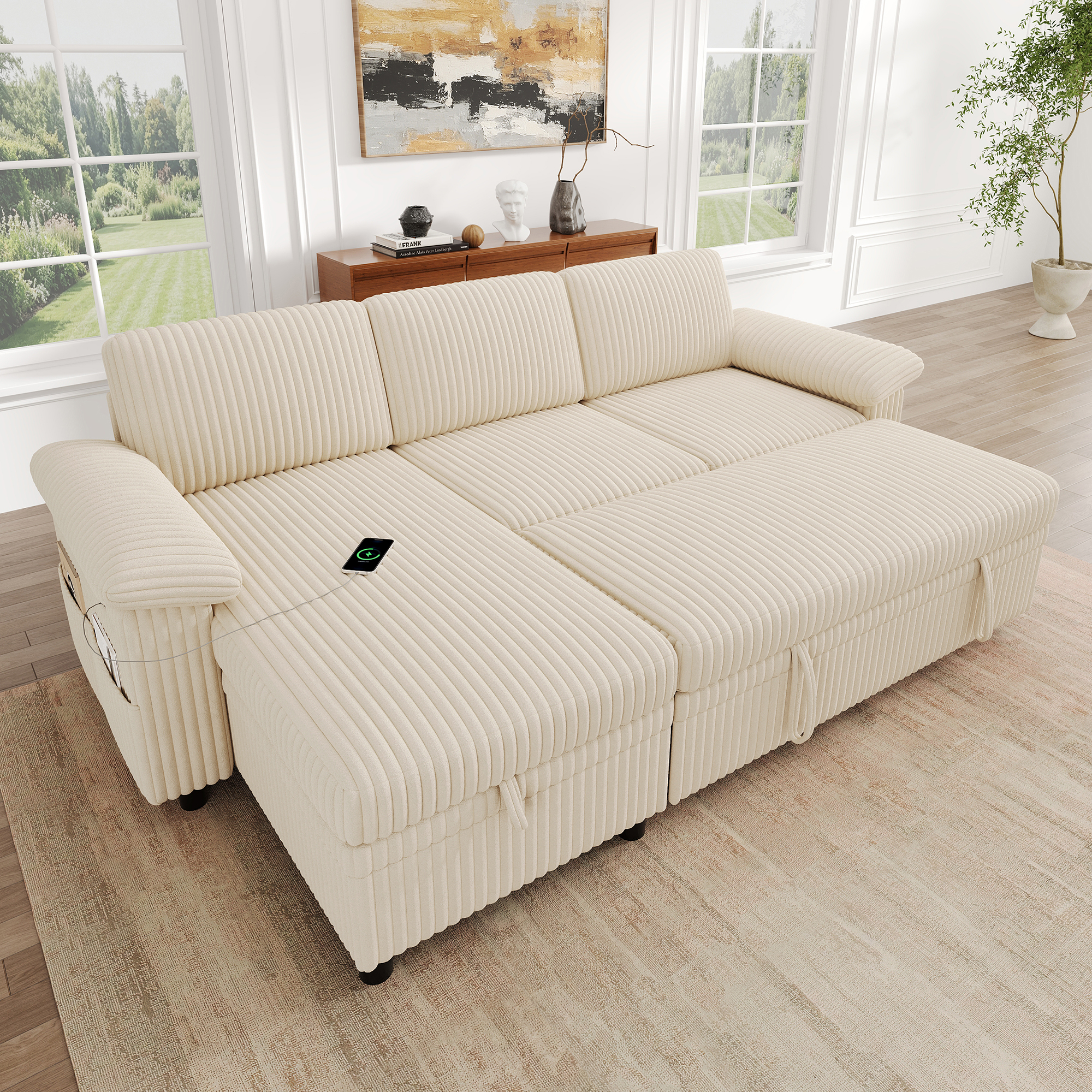 Canapé d'angle convertible beige en situation