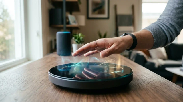 Hand hovering over glowing smart home device in warm modern living room, contemplative futuristic mood