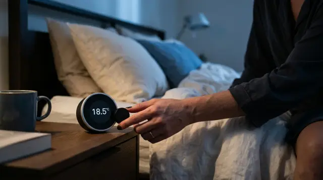 Hand adjusting bedside thermostat near white linen sheets in cool-toned bedroom at night
