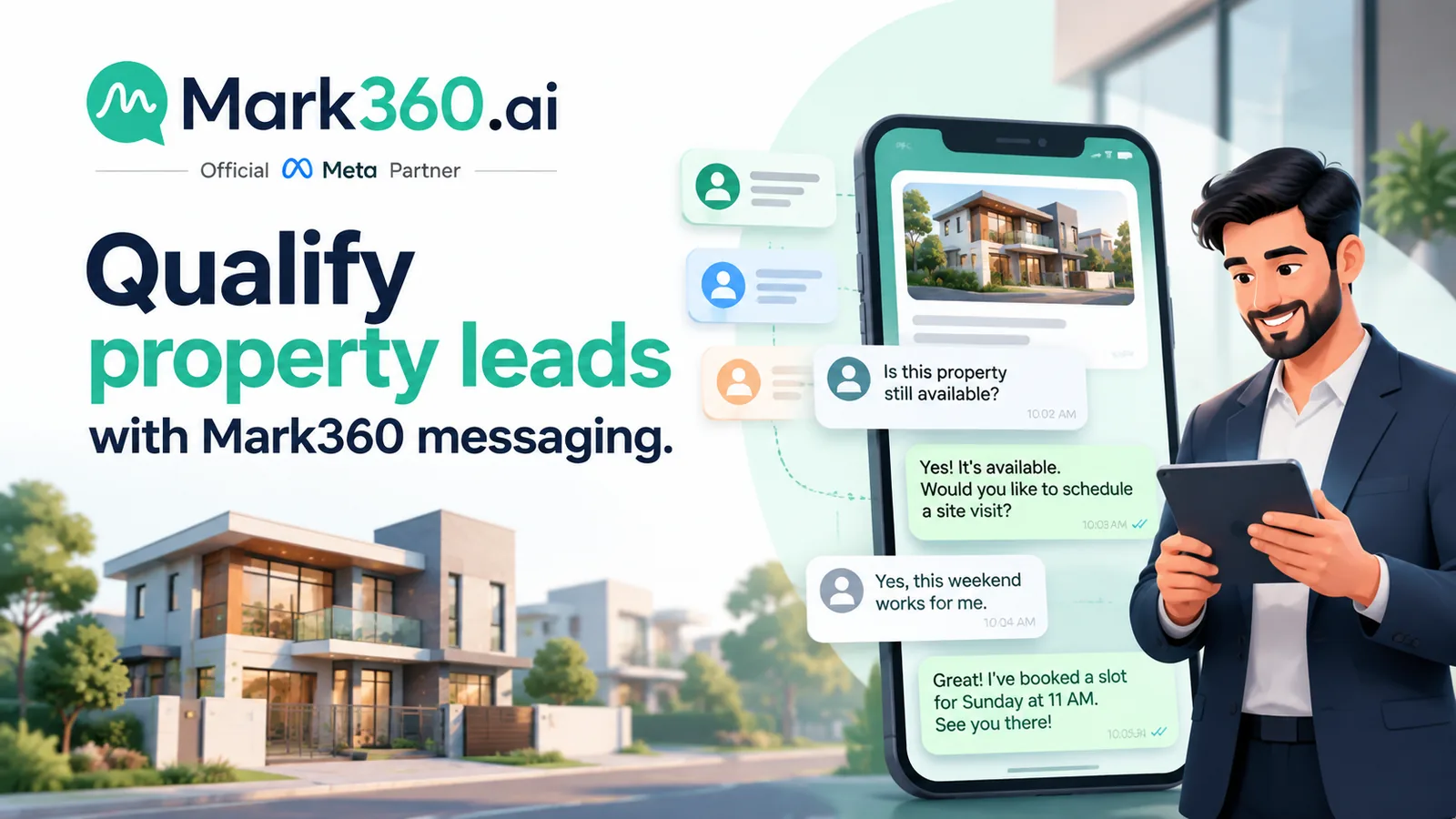 Mark360 Meta Partner CTA for real estate WhatsApp chatbot and launch campaigns