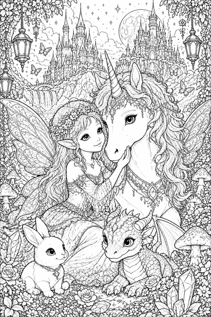Printable Enchanted Unicorn Friends colouring page for kids
