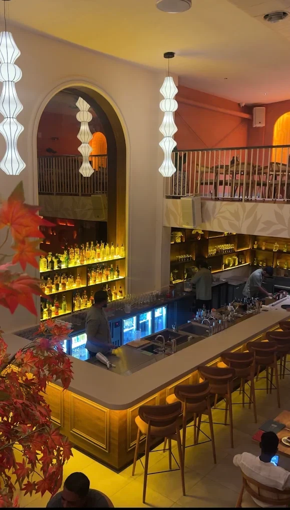 Illuminated service counter and mezzanine architecture