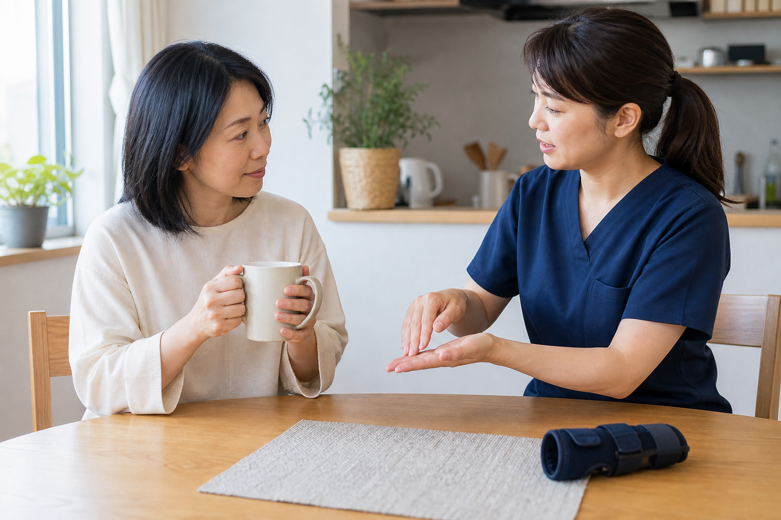 手根管症候群のある成人と専門職が手首に配慮したカップの持ち方を確認する様子
