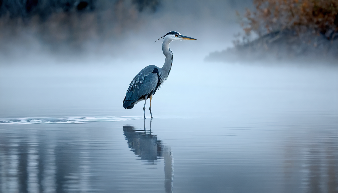 A heron stands utterly still in shallow water at dawn, mist over the river, waiting to strike.