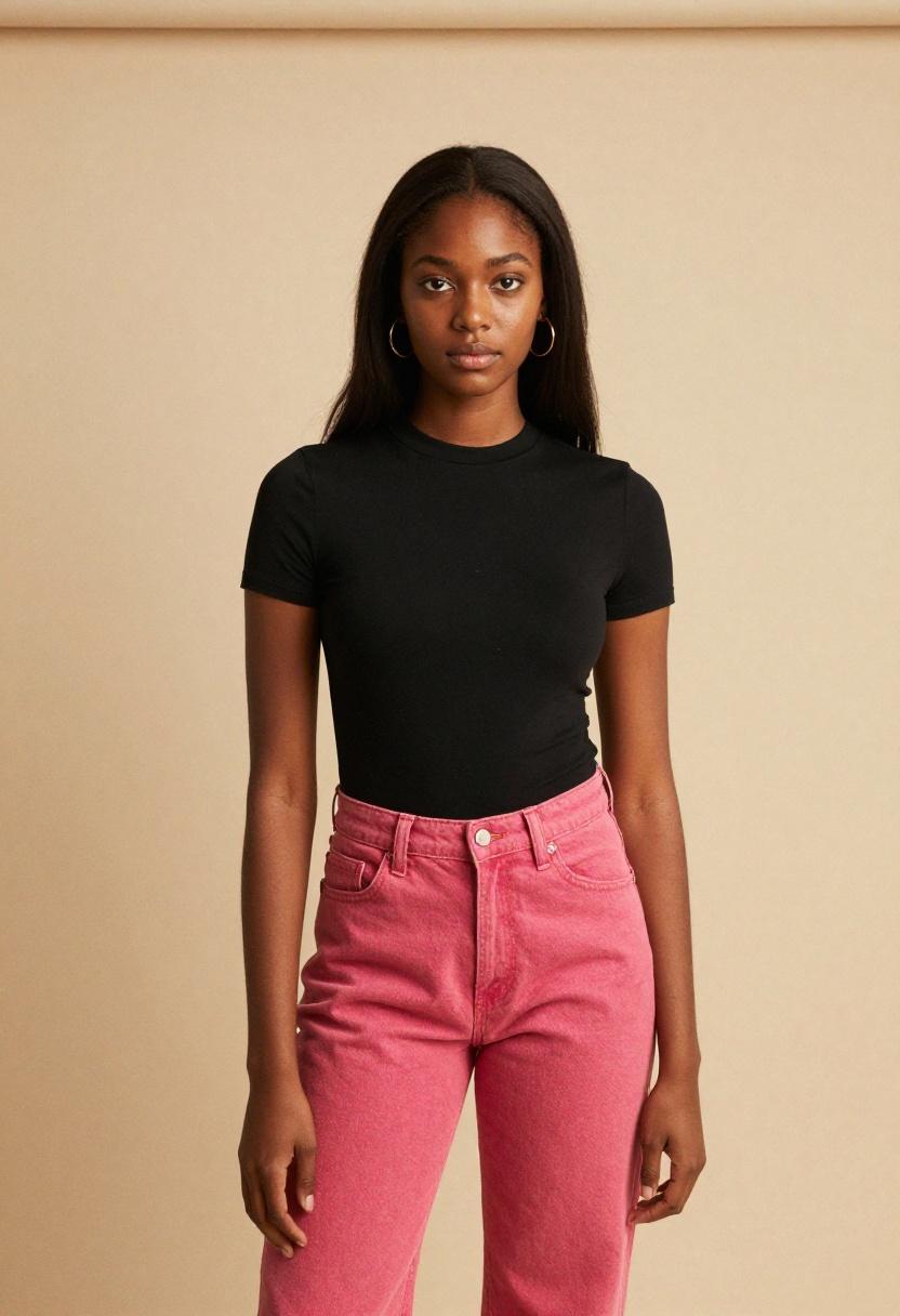 Raspberry pink straight leg jeans with a black mock neck top for bold sophisticated Casual Friday