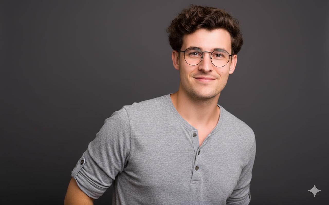 A warm and approachable professional headshot of a young man with dark, curly hair and round glasses, smiling gently at the camera. He is wearing a heather gray henley shirt with rolled sleeves, leaning slightly casually against a solid dark gray studio backdrop. Bright, soft, diffused lighting creates a subtle catchlight in his eyes. The focus is sharp on his eyes with a shallow depth of field and soft bokeh, emphasizing the fabric of his shirt, his hair, and natural skin texture