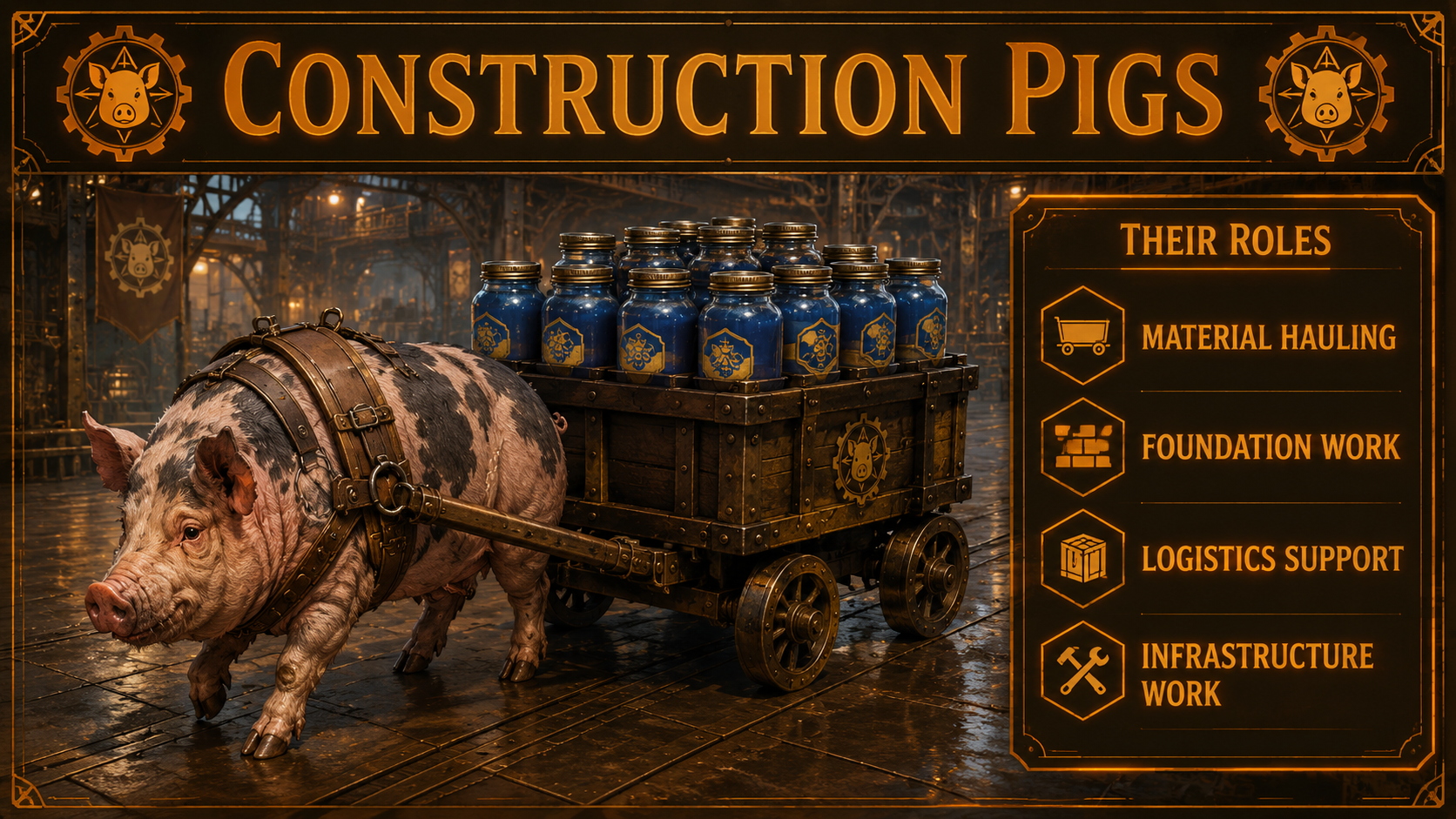 Construction pigs hauling Workyards materials with harnesses and route equipment.