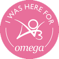 PINK circular badge with the words 'I was here for omega' with an AO3 logo