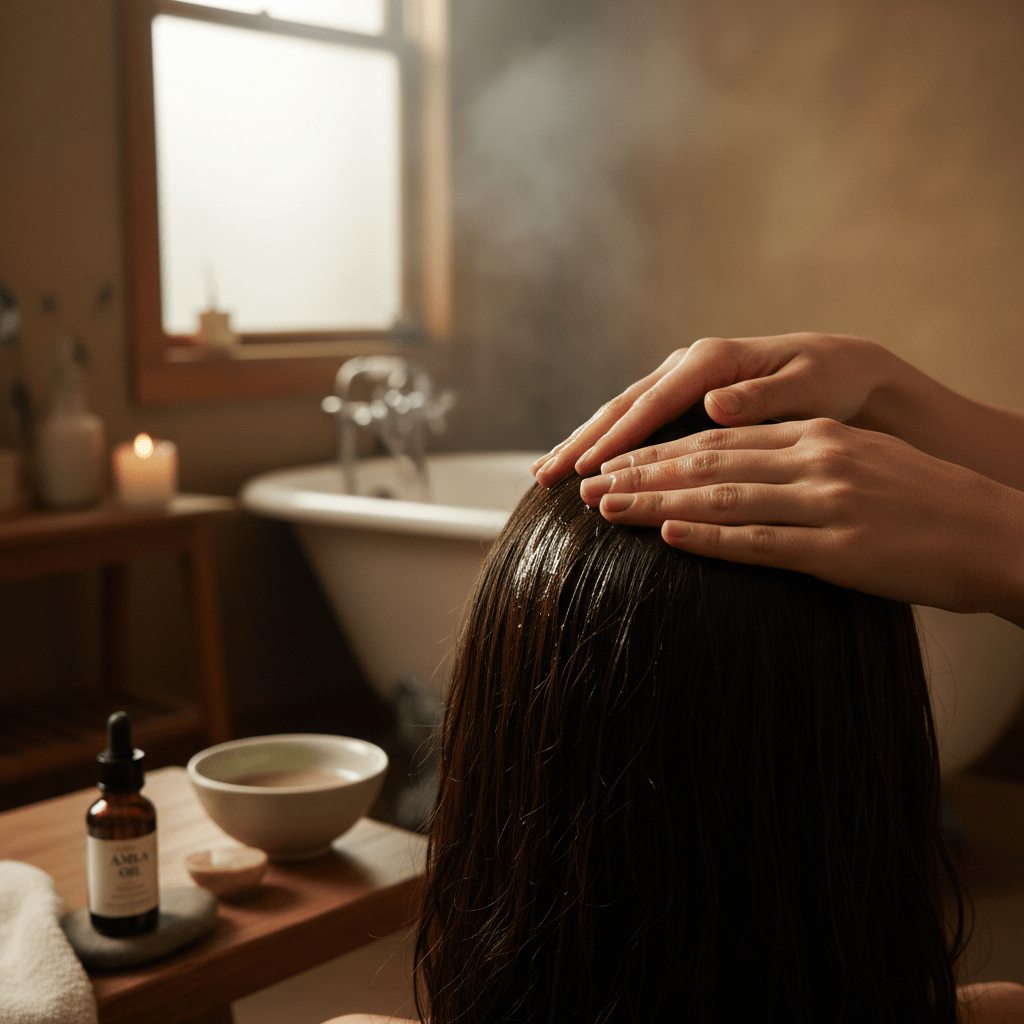 Gentle scalp massage with amla oil in a calm bathroom
