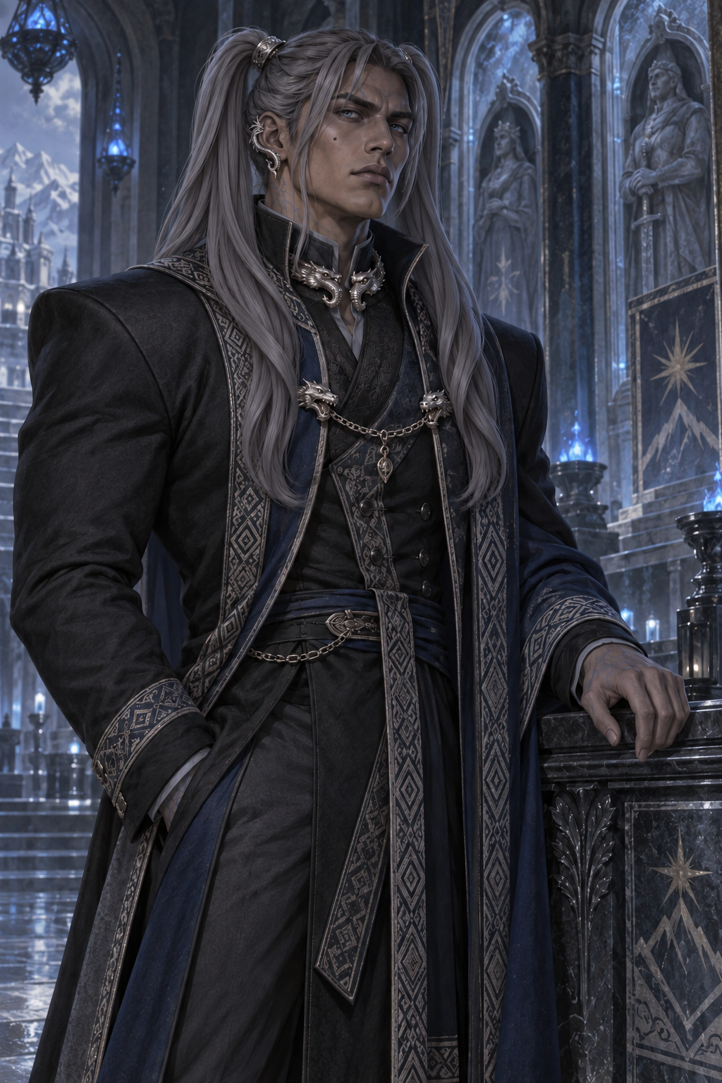Duke Rodrigo Saavedra, a pale draugr with ash-gray twin tails, winter-blue eyes, dragon jewelry, and a beauty mark on his cheek.