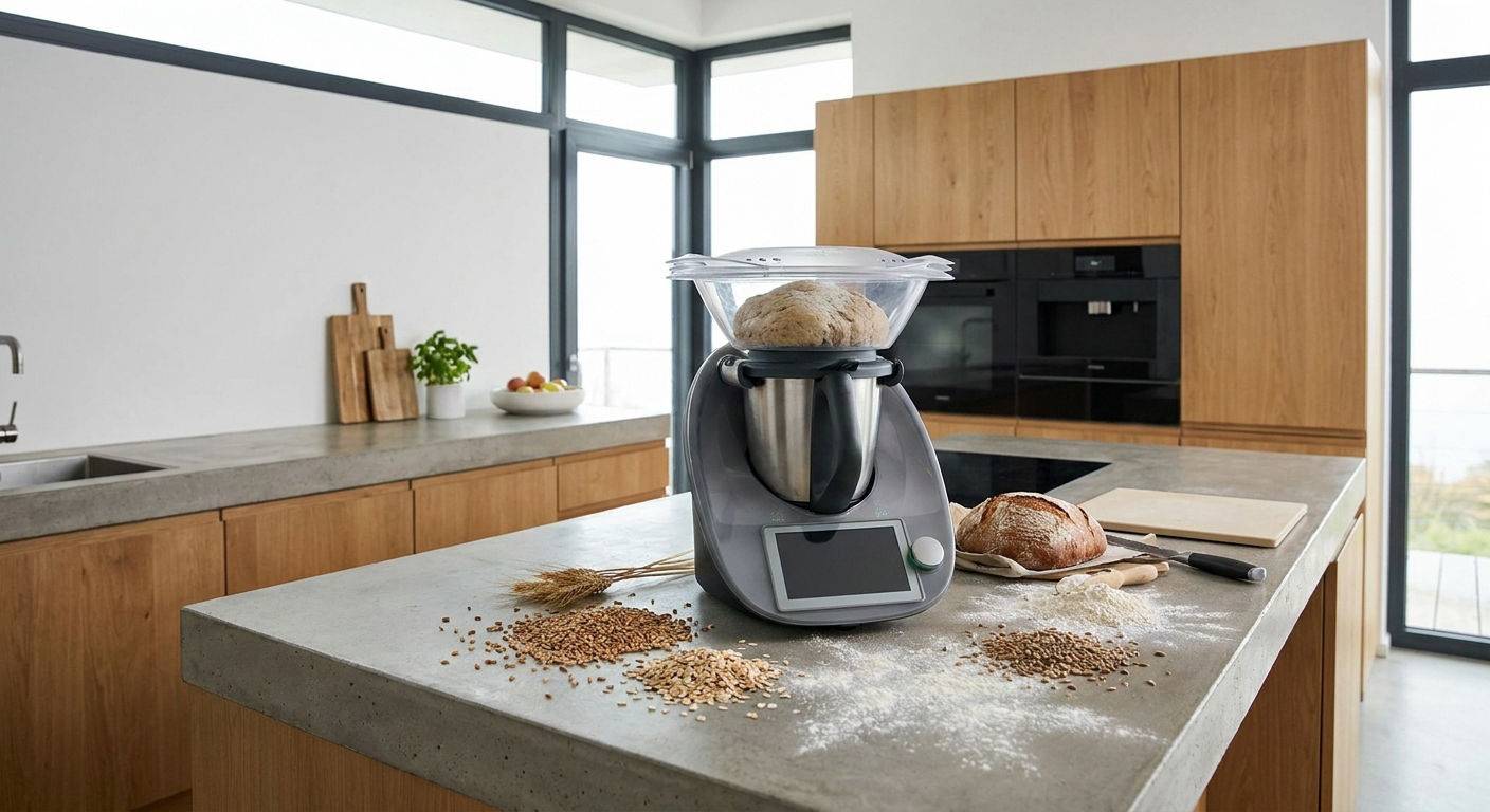 Thermomix wyrabiajacy ciasto na chleb w kuchni.
