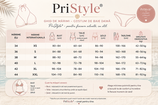tabel marimi lenjerie intima costum de baie pristyle