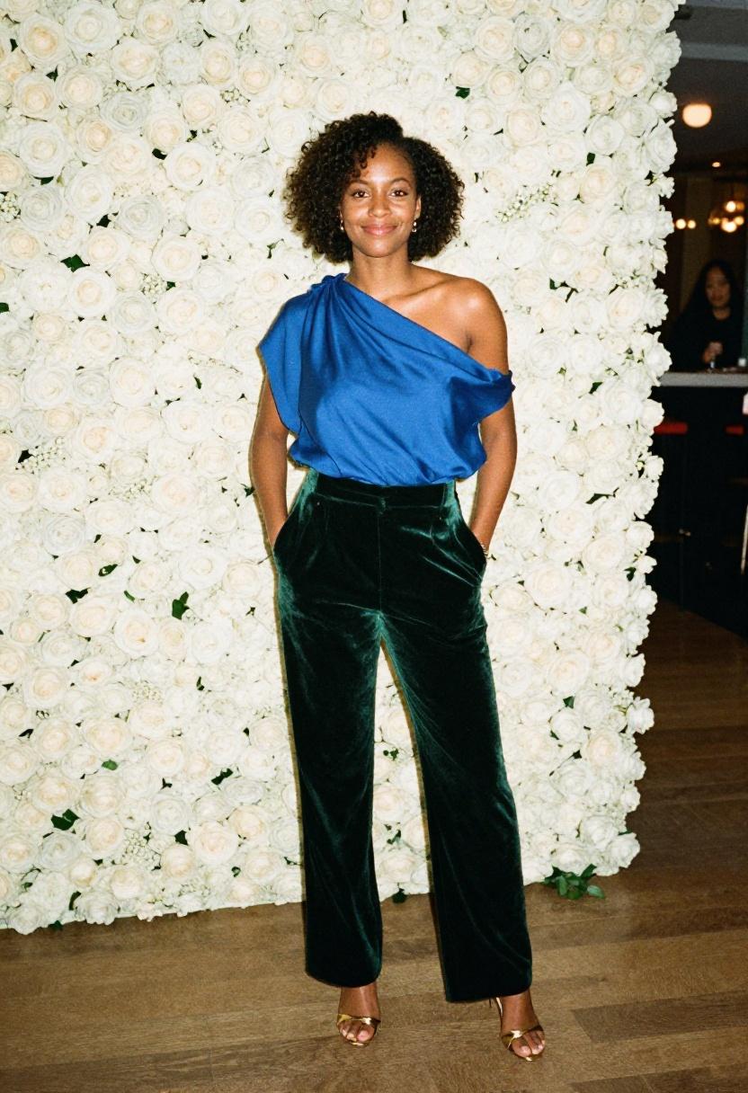 Cobalt blue off-shoulder blouse with emerald velvet trousers for jazz night