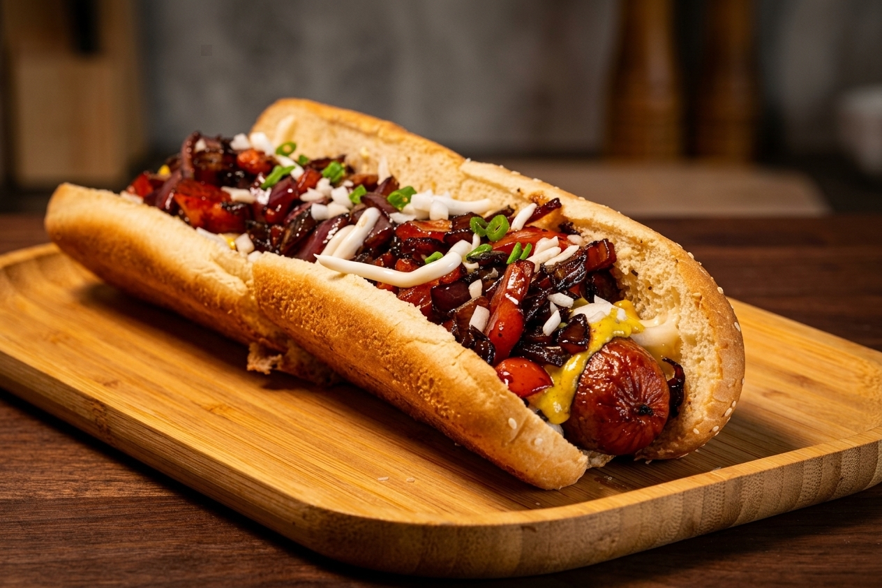 Artisanal hot dog with toppings
