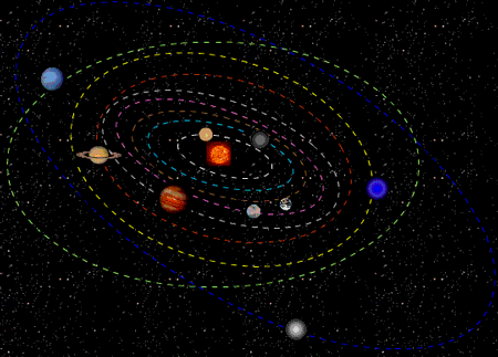 Ilustración editorial de planetas orbitando alrededor de un sol con líneas de campo magnético doradas sobre fondo azul marino