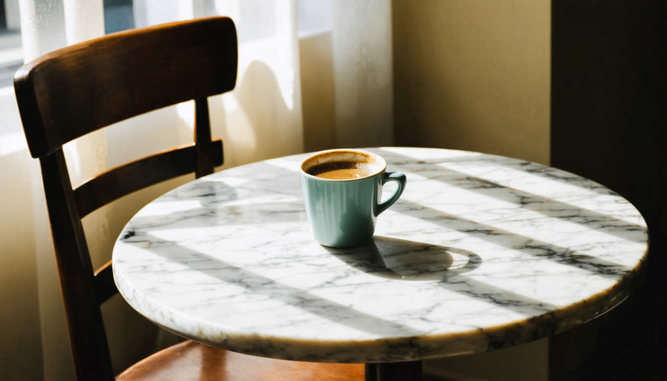 An empty café chair at a small table with a cold cup of coffee, morning light from a window casting long shadows.