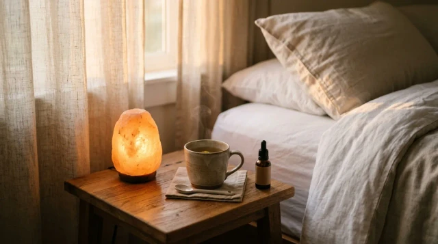 Warm bedside nightstand with chamomile tea and salt lamp evoking restful sleep ritual