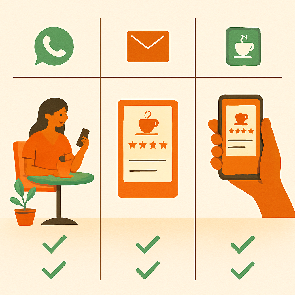 Comparison infographic of WhatsApp loyalty versus SMS and app-based programs for Indian cafes