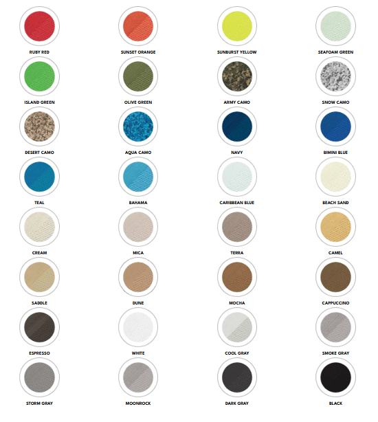 A chart showing different color options for SeaDek boat flooring