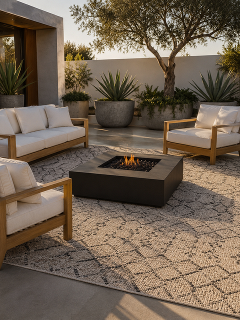 Moroccan bohemian style outdoor area rug layout