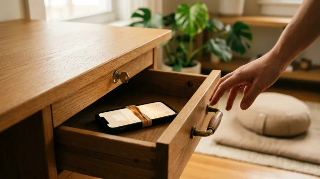 Smartphone locked in wooden desk drawer with hand hesitating to reach for it, contemplative mood