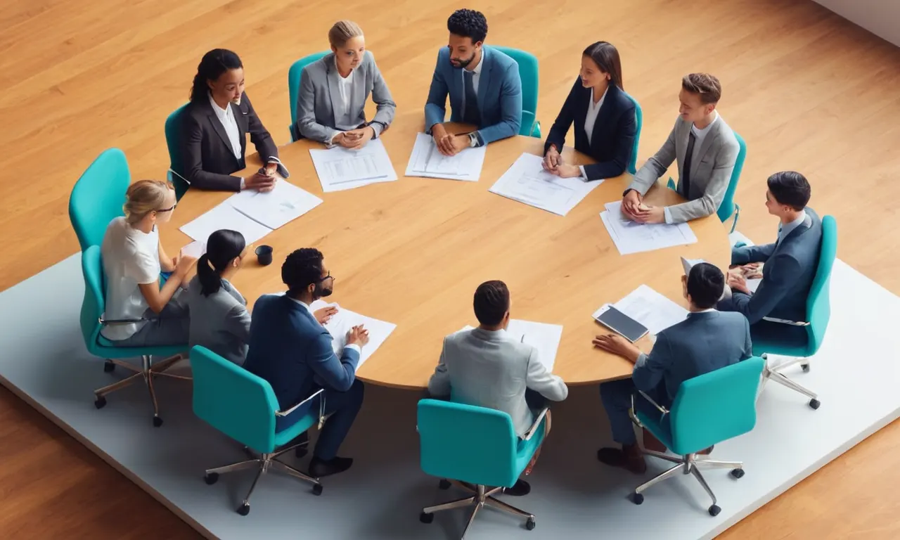 Un grupo de personas de diferentes orígenes que participan en conversaciones abiertas en una mesa de conferencias.