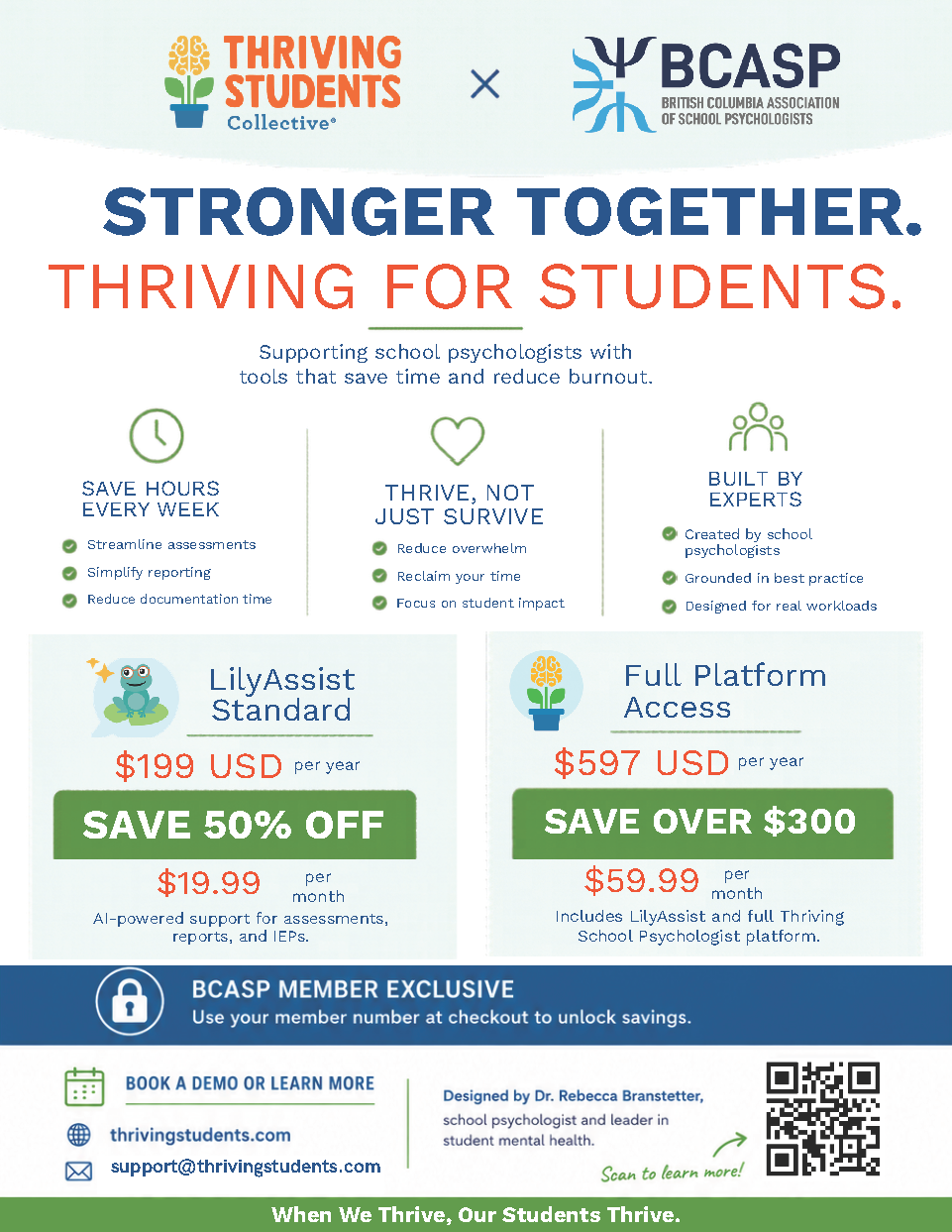 BCASP x Thriving Students Collective partnership flyer showing pricing and features