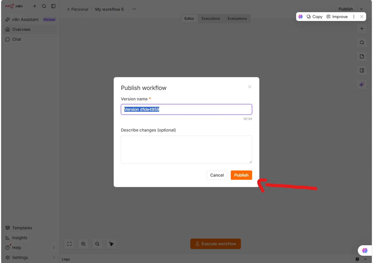 n8n publish workflow dialog box