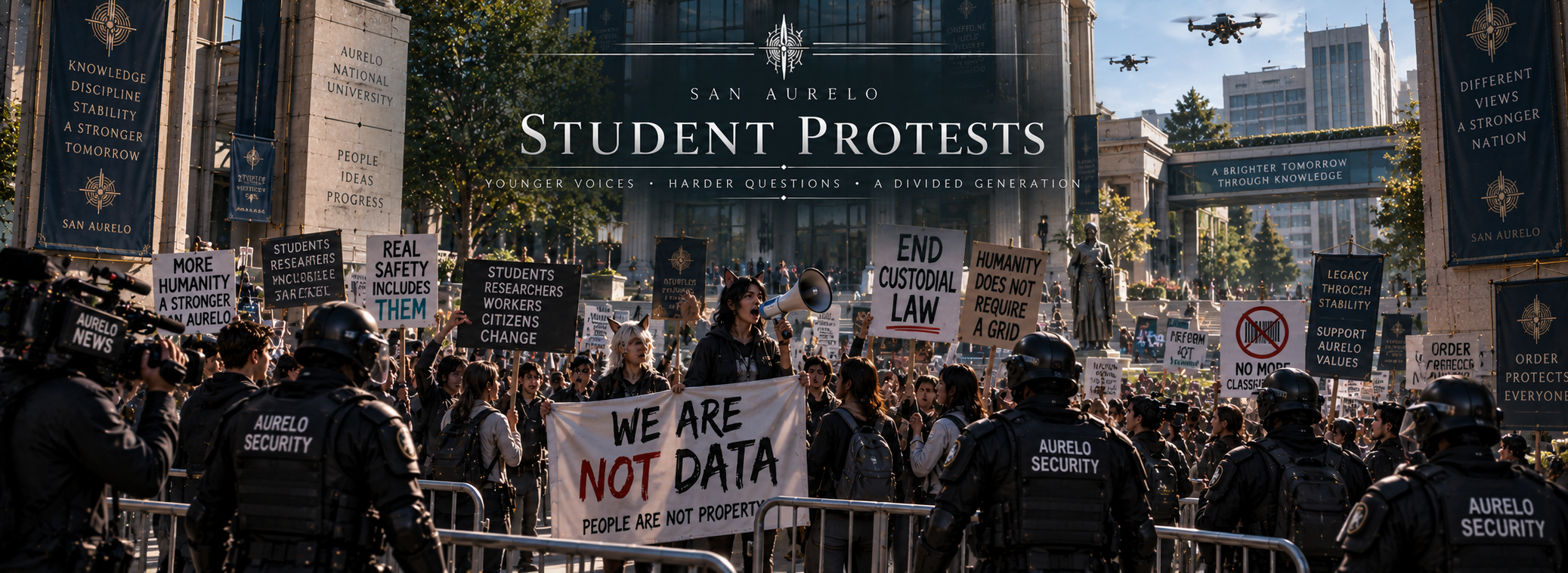 Students protesting custodial law and Purity Grid classification at Aurelo National University.