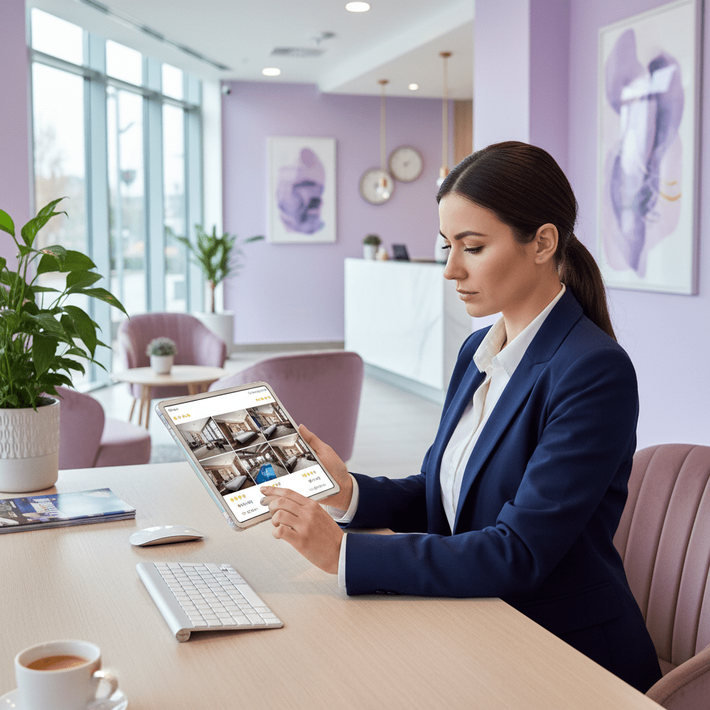 A hotel operations team reviewing listing photos and room details on a tablet