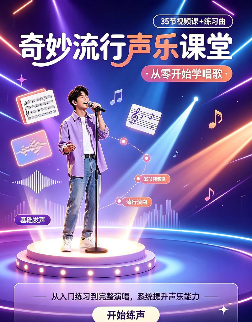奇妙流行声乐课堂：从零开始学唱歌(35节视频课+练习曲)