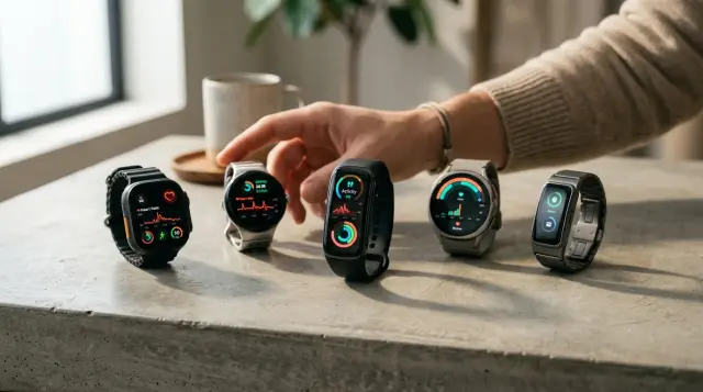 Multiple modern smartwatches displaying health metrics arranged on minimalist surface, warm light