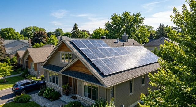 Solar panels on a residential roof soaking up the suns rays
