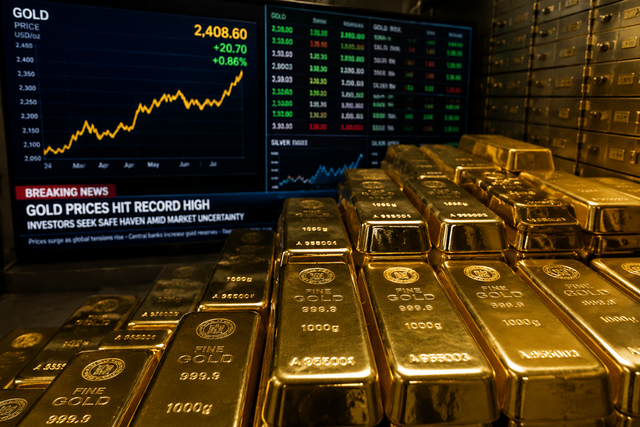 Photorealistic photojournalistic image of gold bars stacked in a vault with dramatic lighting, financial market screens showing gold price c