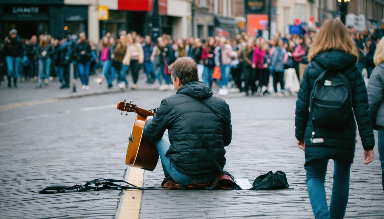 A busker performing on a busy pedestrian street, seen from behind, facing passing tourists who are not stopping.
