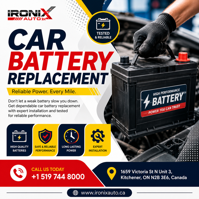 Car battery replacement helps restore dependable starting power when a battery becomes weak, damaged, or unable to hold charge. Ironix Auto provides battery testing, replacement, and professional installation in Kitchener. Call +1 519 744 8000 or visit https://ironixauto.ca/service/battery-repair/ for service.
