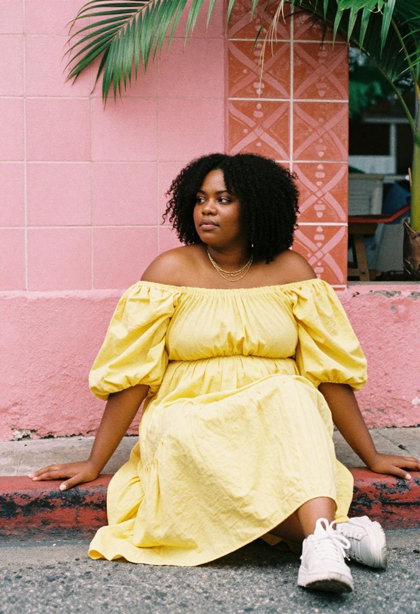 Plus size woman in sunshine yellow smock dress with puff sleeves against a vibrant tropical backdrop